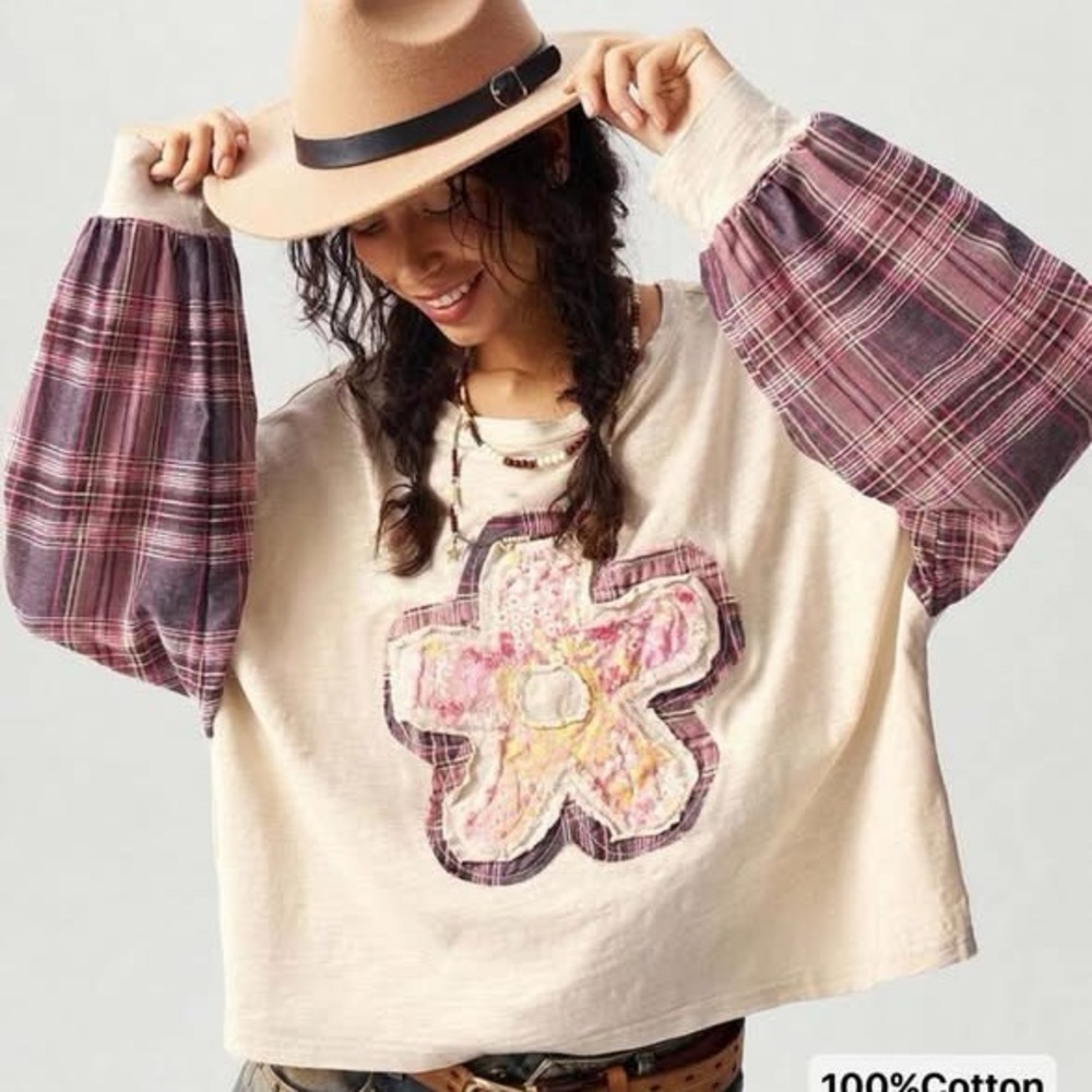 Plaid Sleeve Flower Patch Top - Boho